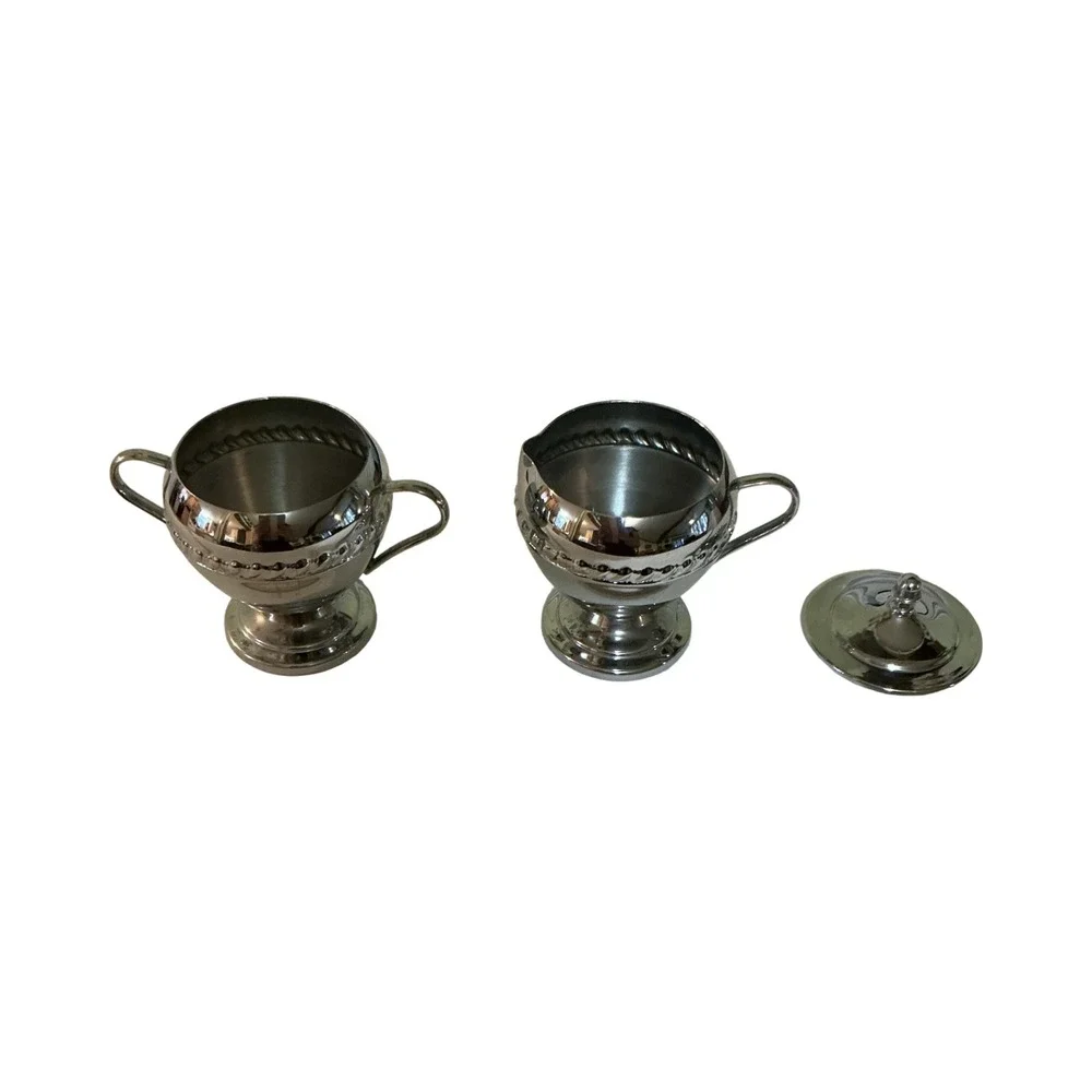 Vintage Silver Tone Footed Cream and Sugar Set with Lid Rope Detail 3.5in x 3in